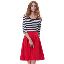 Belle Poque Retro Vintage Red Style Streifen Muster 3/4 Ärmel Rundhals A-Linie Frauen Kleid BP000316-3